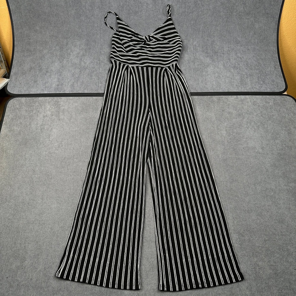 Xhilaration Black White Striped Wide Leg Jumpsuit XS Sleeveless Smocked Back Y2k